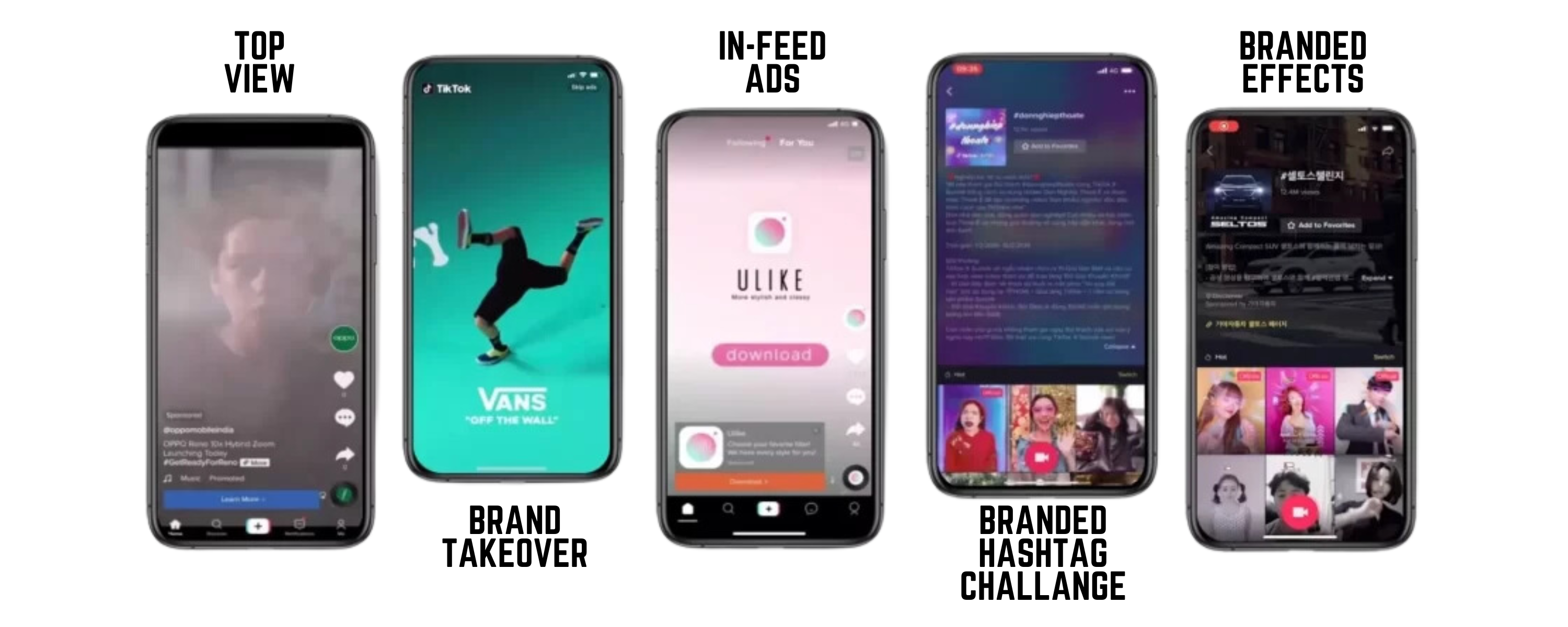 A group of smartphones, where each screen shows about the ads format for TikTok.